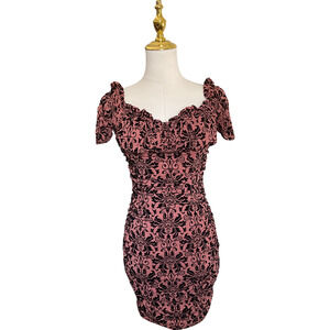 Papaya Women's Large Pink Black Paisley Dress Ruched Off-Shoulder